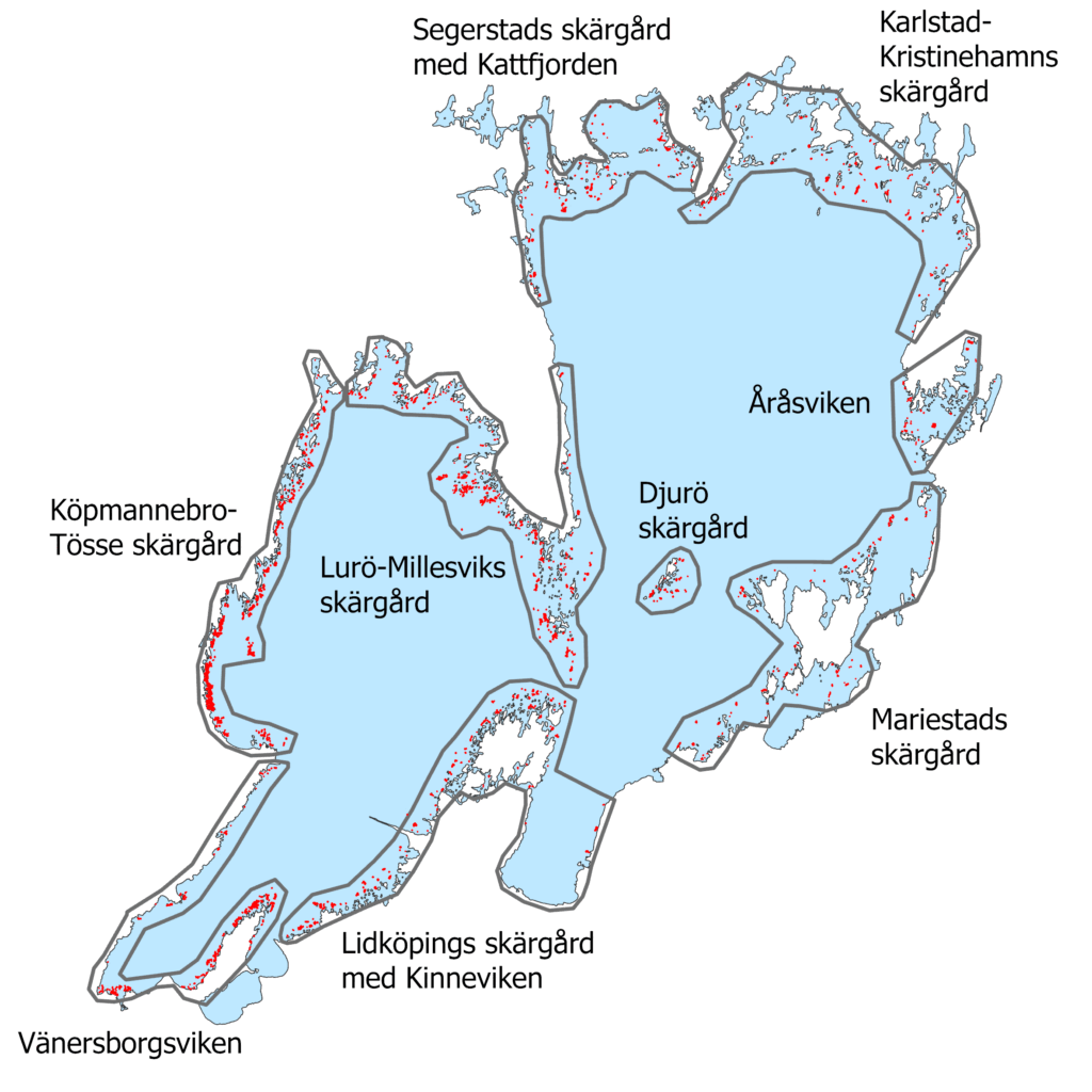 Karta över inventerade fågelskär i rött och indelningen av Vänerns skärgårdar i delområden.